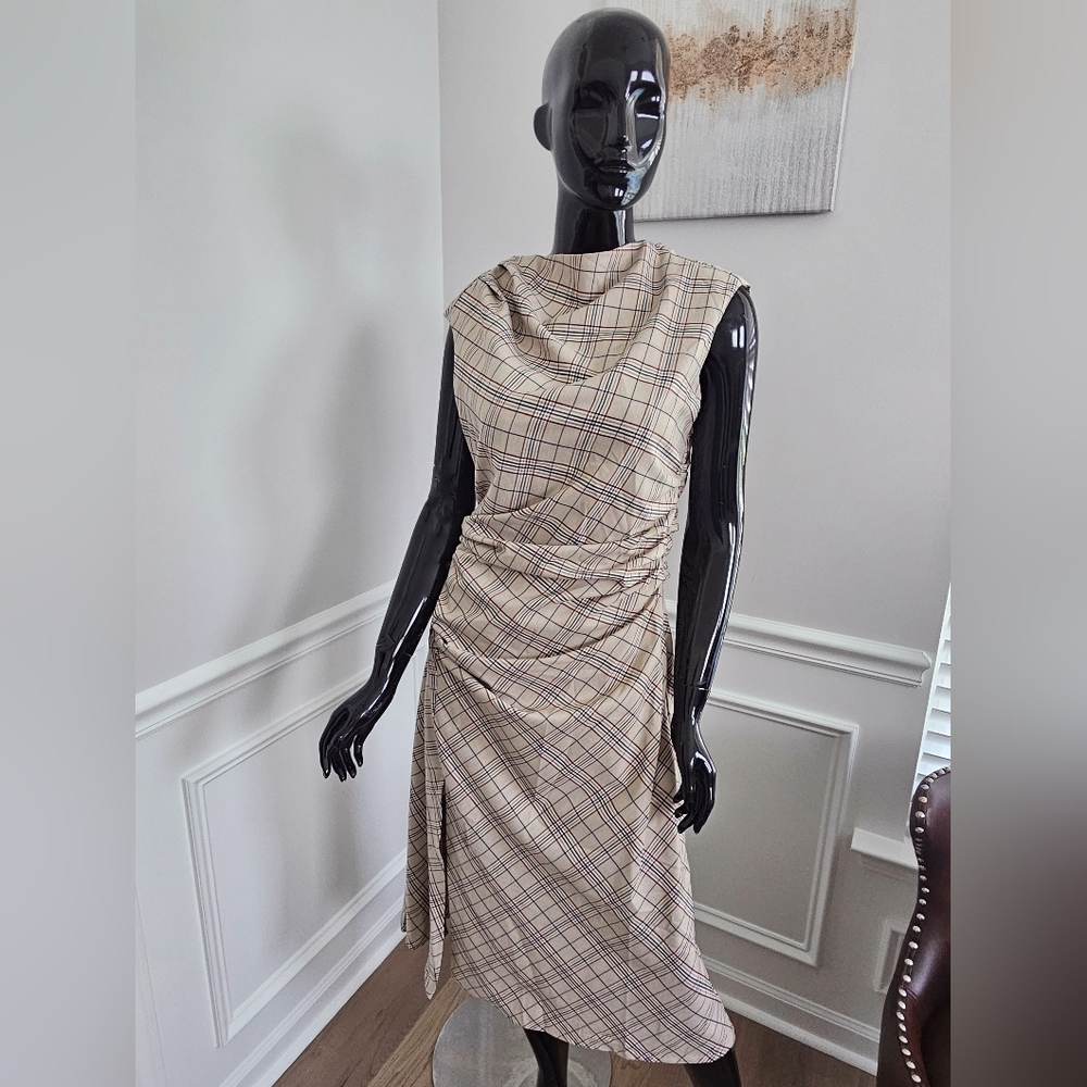 Fashion Nova Asymmetrical Plaid Dress - Cream and Black